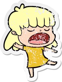 distressed sticker of a cartoon woman talking loudly vector