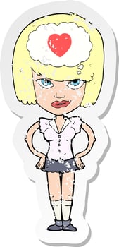 retro distressed sticker of a cartoon woman thining about love vector
