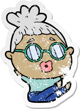 distressed sticker of a cartoon sitting woman wearing spectacles vector