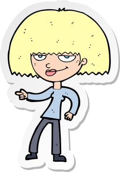 sticker of a cartoon happy woman pointing vector