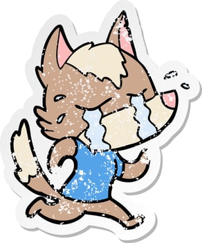 distressed sticker of a cartoon crying wolf running away vector