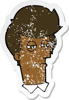 retro distressed sticker of a cartoon man with narrowed eyes vector