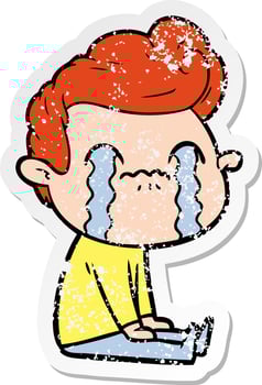 distressed sticker of a cartoon man crying vector