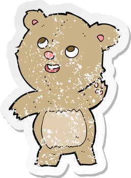 retro distressed sticker of a cartoon cute waving teddy bear vector