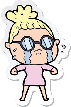 sticker of a cartoon crying woman wearing spectacles vector