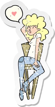 retro distressed sticker of a cartoon woman posing on chair vector