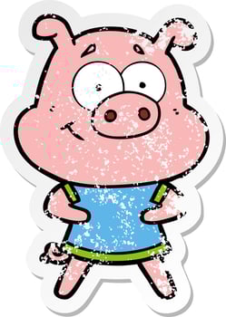 distressed sticker of a happy cartoon pig vector