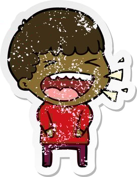 distressed sticker of a cartoon laughing man vector