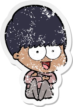 distressed sticker of a happy cartoon boy vector