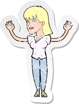 retro distressed sticker of a cartoon woman throwing hands in air vector