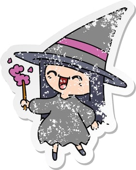 distressed sticker cartoon of cute kawaii witch vector
