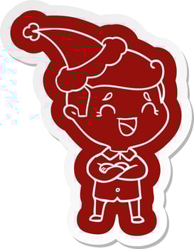 cartoon  sticker of a laughing man wearing santa hat vector