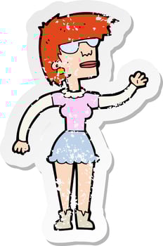 retro distressed sticker of a cartoon woman in spectacles waving vector