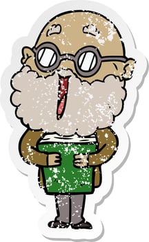 distressed sticker of a cartoon joyful man with beard and book vector