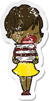 distressed sticker of a cartoon woman talking vector
