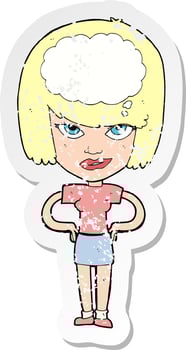 retro distressed sticker of a cartoon woman thinking vector
