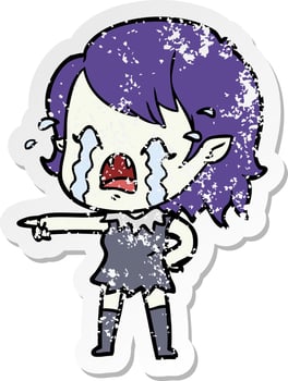 distressed sticker of a cartoon crying vampire girl vector