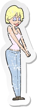 retro distressed sticker of a cartoon content woman vector