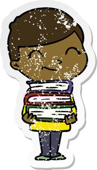 distressed sticker of a cartoon boy with books smiling vector