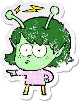 distressed sticker of a cartoon alien girl vector