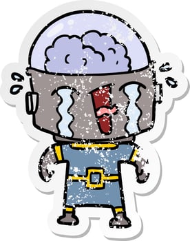 distressed sticker of a cartoon crying robot vector