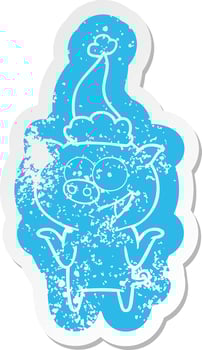cartoon distressed sticker of a pig with no worries wearing santa hat vector