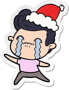 sticker cartoon of a man crying wearing santa hat vector
