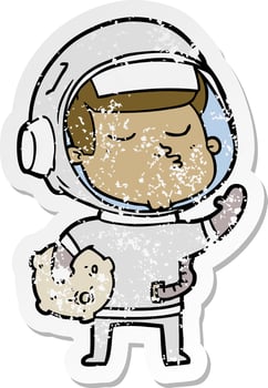 distressed sticker of a cartoon confident astronaut vector