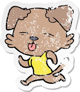 distressed sticker of a cartoon running dog sticking out tongue vector