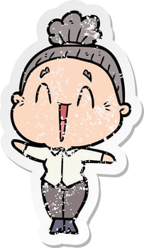 distressed sticker of a cartoon happy old lady vector