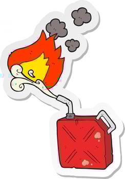 sticker of a cartoon fuel can with burning fuel spray vector