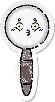 distressed sticker of a cute cartoon magnifying glass vector