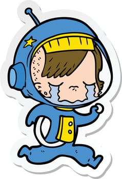 sticker of a cartoon crying astronaut girl running vector