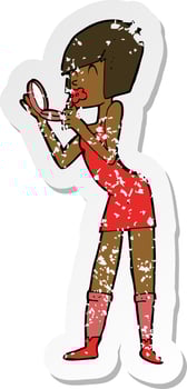 retro distressed sticker of a cartoon woman applying lipstick vector