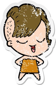distressed sticker of a happy cartoon girl vector