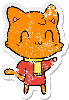 distressed sticker of a cartoon happy cat wearing scarf vector