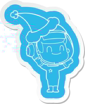 happy cartoon  sticker of a astronaut man wearing santa hat vector