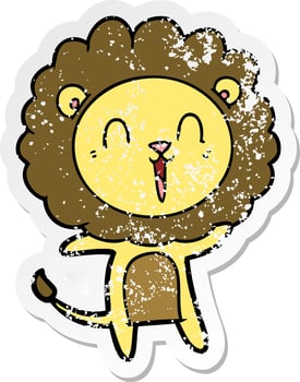 distressed sticker of a laughing lion cartoon vector