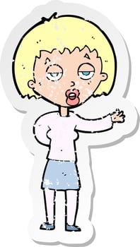 retro distressed sticker of a cartoon bored woman vector