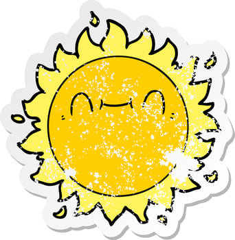 distressed sticker of a happy cartoon sun vector