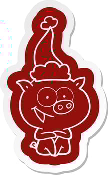 cheerful sitting pig cartoon  sticker of a wearing santa hat vector