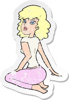 retro distressed sticker of a cartoon pretty woman vector