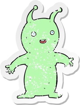 retro distressed sticker of a cartoon happy little alien vector