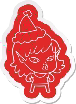 pretty cartoon  sticker of a elf girl wearing santa hat vector