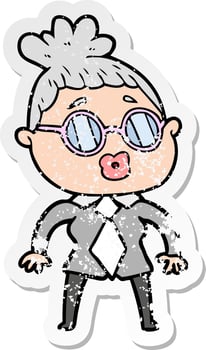 distressed sticker of a cartoon office woman wearing spectacles vector