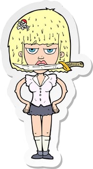 sticker of a cartoon woman with knife between teeth vector