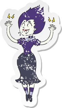 retro distressed sticker of a cartoon vampire girl vector