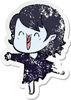 distressed sticker of a cute cartoon happy vampire girl vector