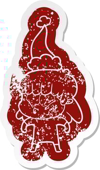 cartoon distressed sticker of a whistling girl wearing santa hat vector