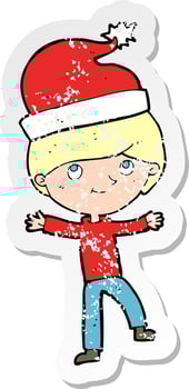 retro distressed sticker of a cartoon man ready for christmas vector